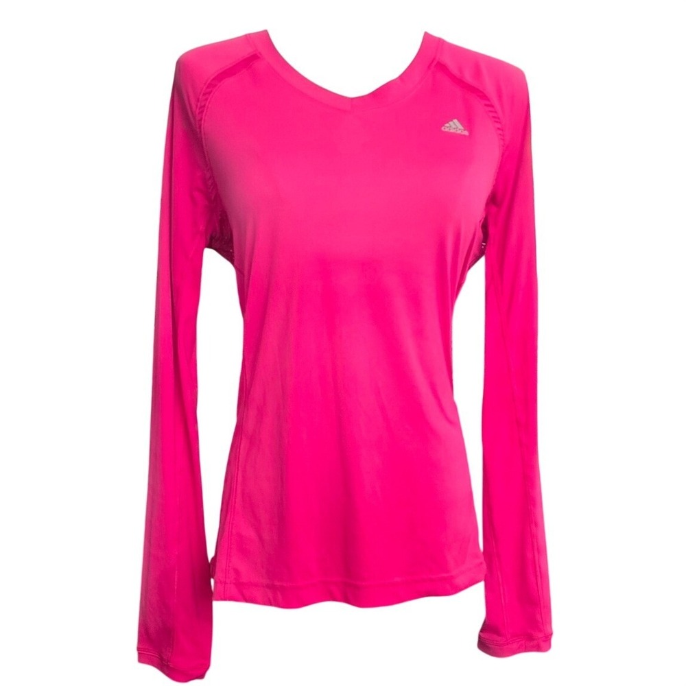 M Adidas Climacool Womens V-Neck Long Sleeve Activewear Top Hot Pink Mesh Back